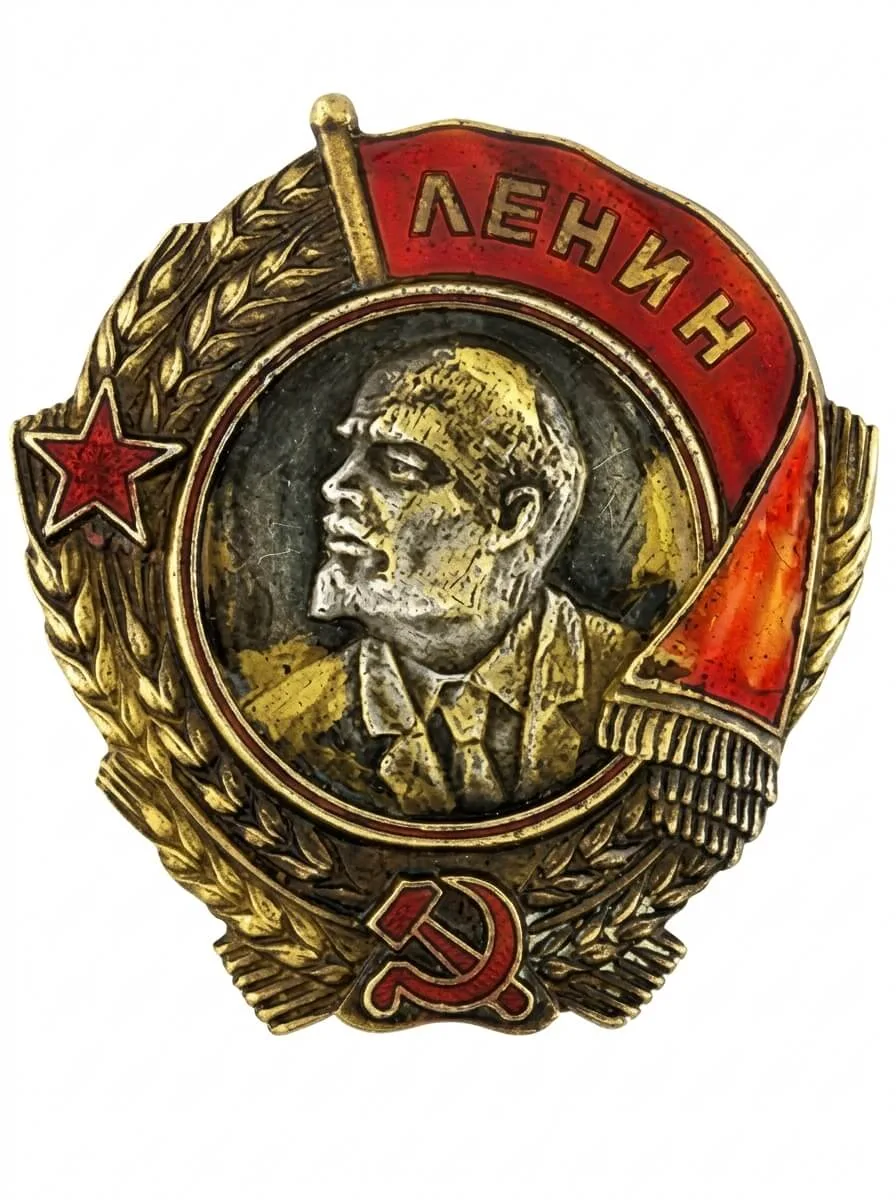 Орден Ленина второго типа, 1934–1936 годы: золотой знак с серебряным барельефом, красной звездой и знаменем