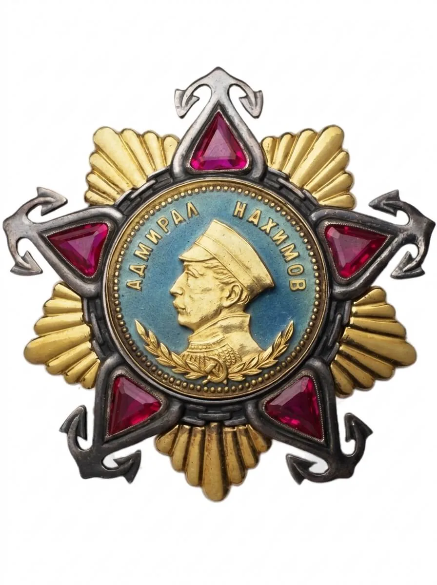 Орден Нахимова I степени СССР, 1944–1991 годы: пятиконечная звезда с рубинами и золотым профилем адмирала