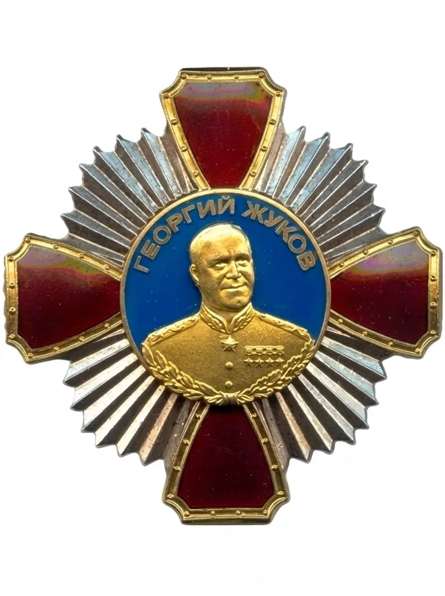 Орден Жукова первого типа, 1995–2010 годы: серебряный крест с красными щитами и синим медальоном, 40 мм